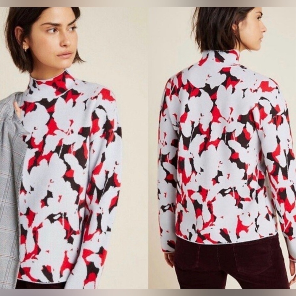 Anthropologie Mock Neck Floral Jacquard Knit Sweater Women’s Size Medium